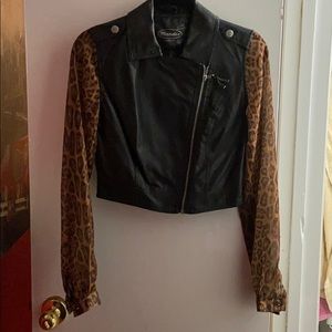 Leopard see-through sleeve motorcycle jacket